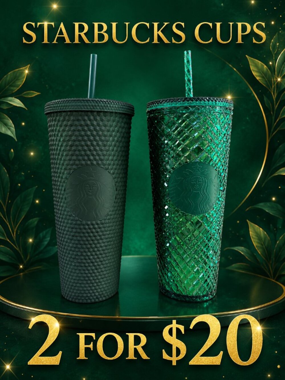 Starbucks Emerald Green Textured Cold Cups with Straws Set of 2